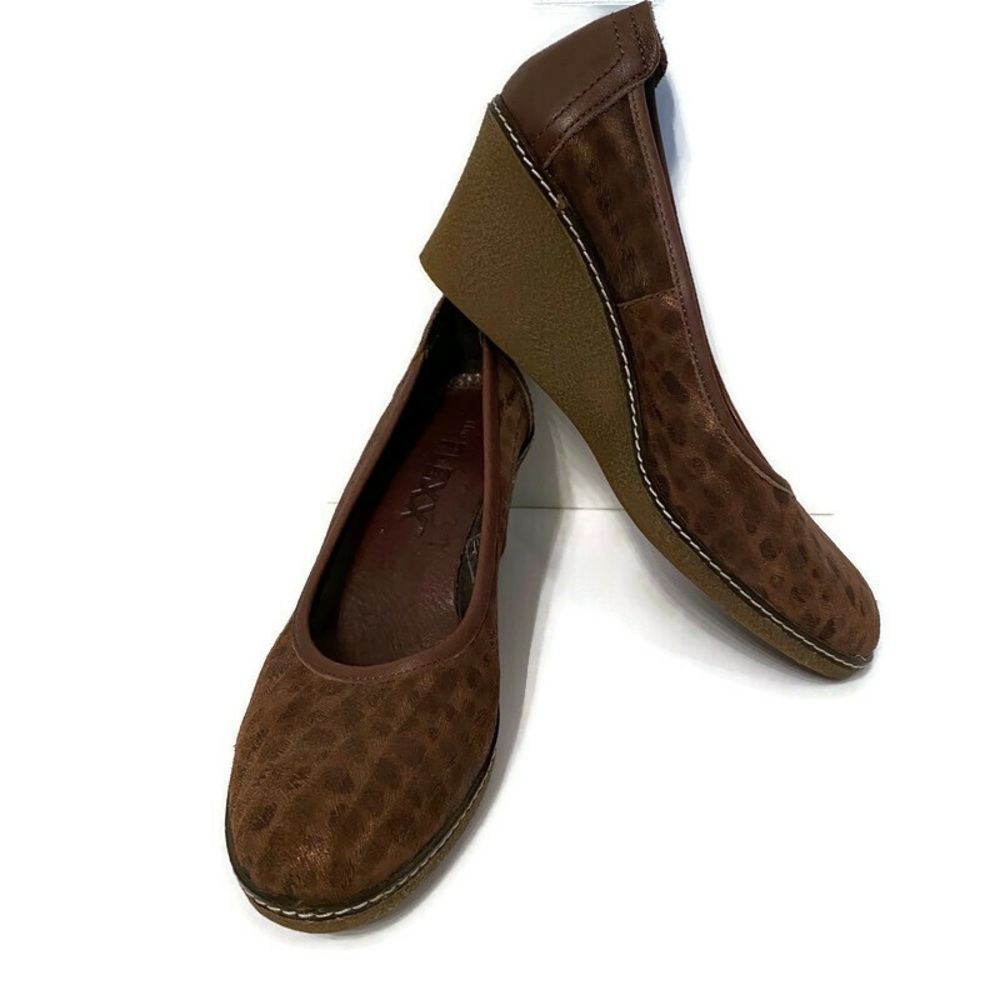 THE FLEXX SHOES WEDGE BROWN LEATHER ANIMAL PRINT Size 7.5